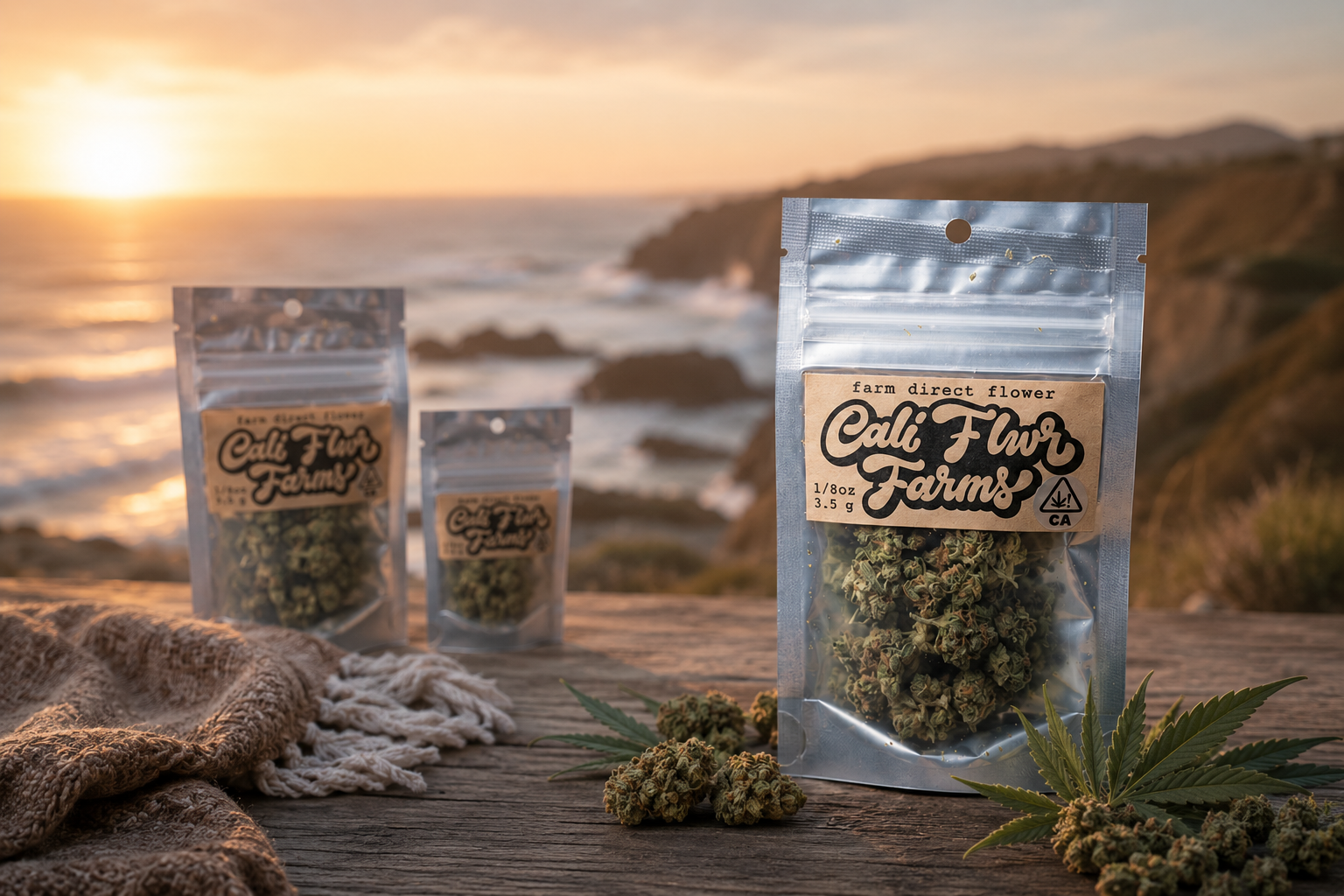Premium cannabis brand packaging in golden California light