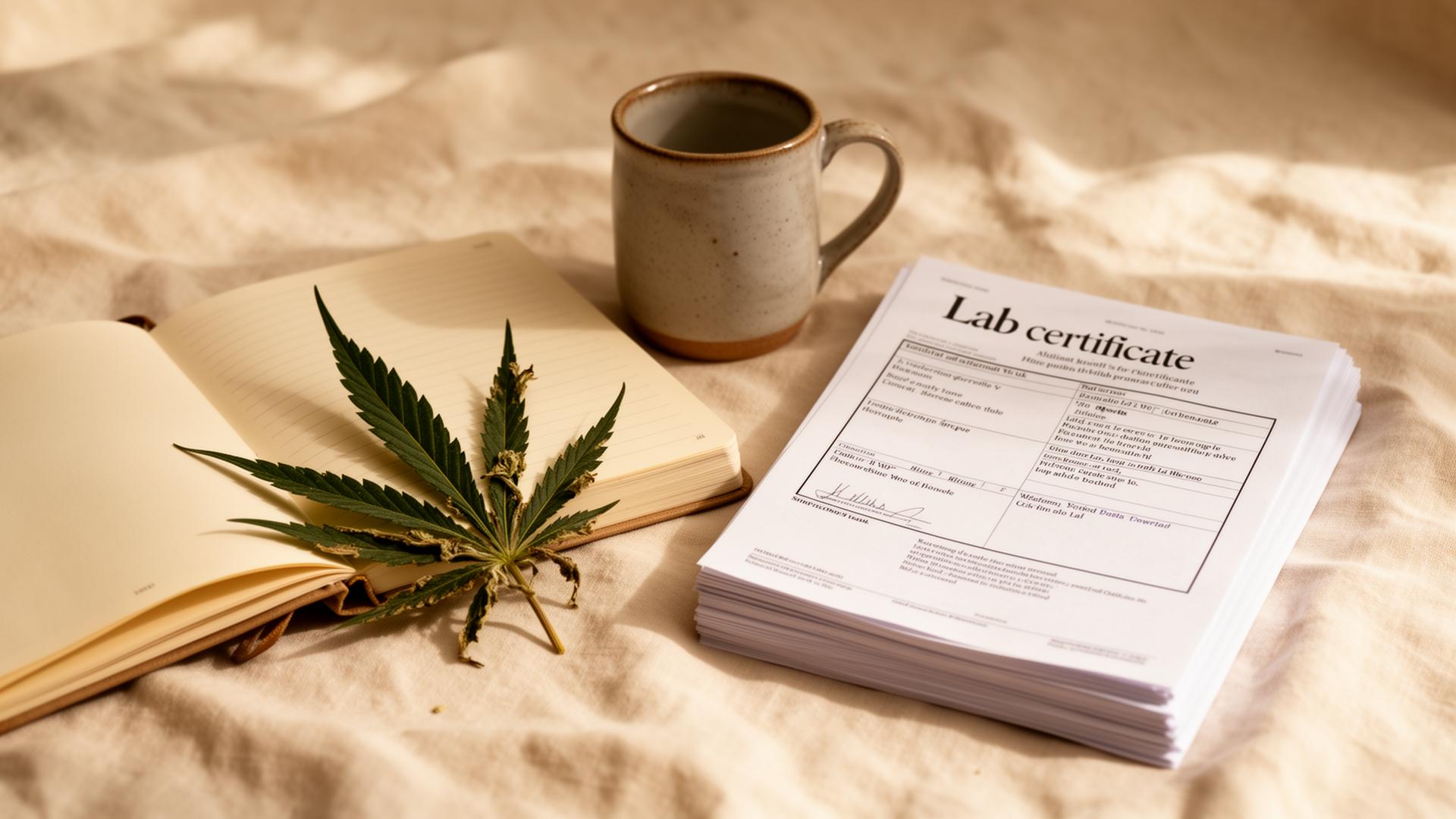 Lab certificate, notebook, and dried cannabis leaf in soft California morning light